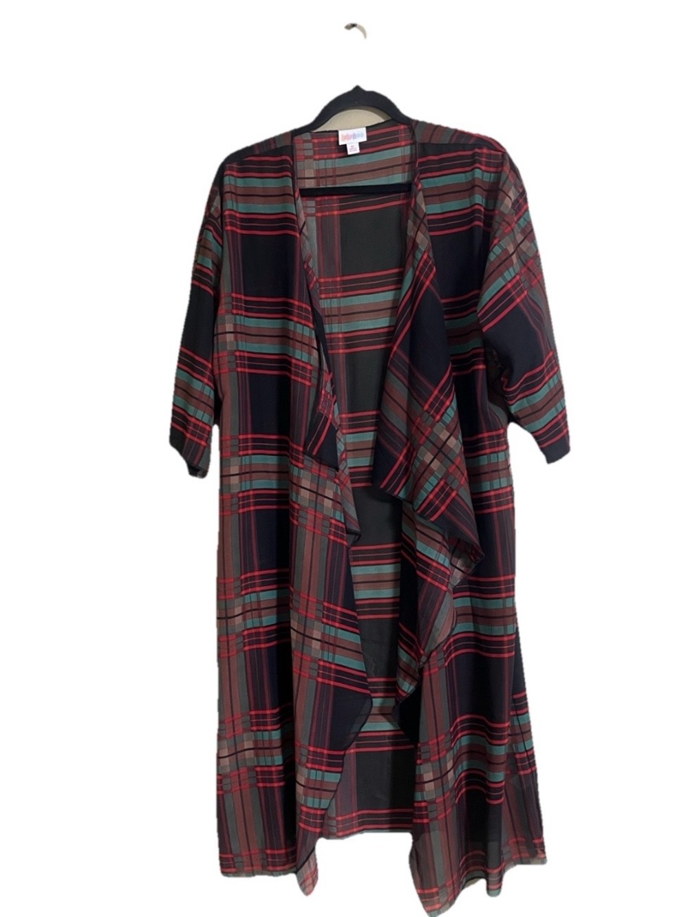 LuLaRoe Long Cardigan SzM Shirley Plaid Open Front Duster Cardigan Draped Collar